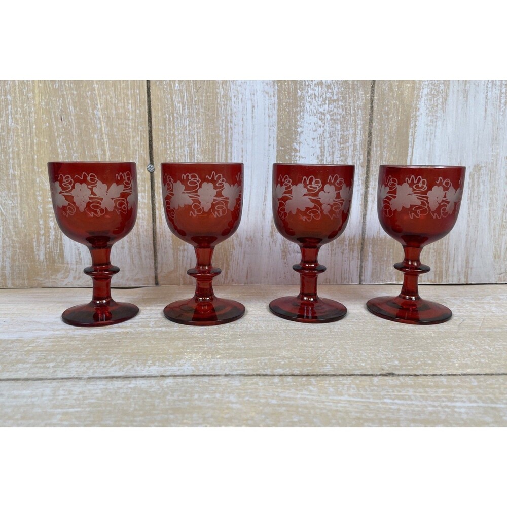 Set Of 4 Bohemian Cranberry Red Etched Grape Leaves Cordial Glasses